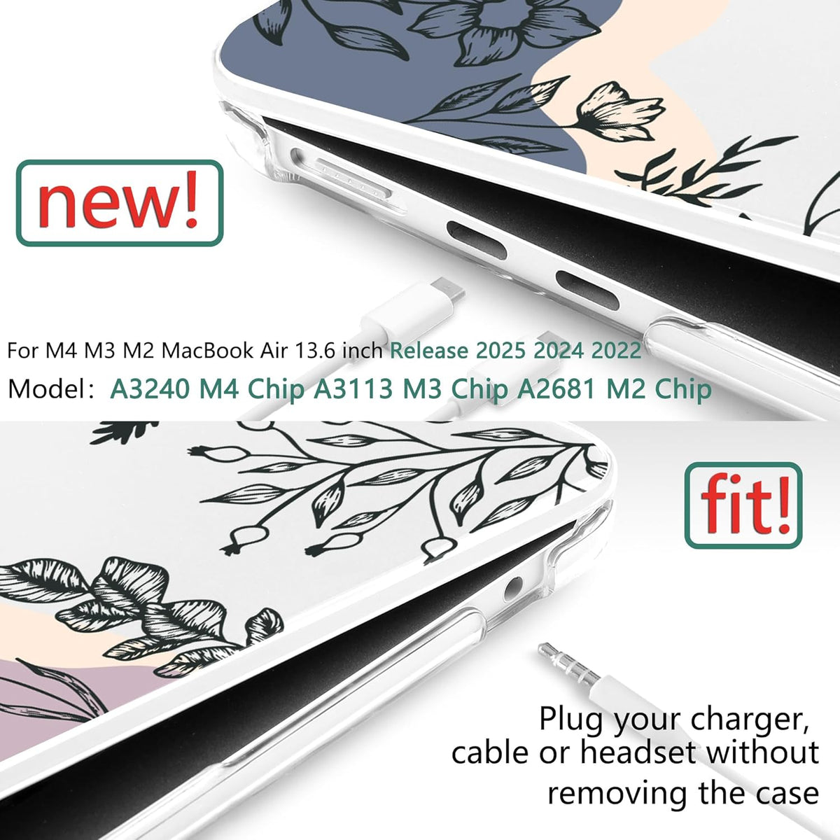 TWOLSKOO Compatible with M4 MacBook Air 13.6 inch Case 2025-2022 Release M4 A3240 M3 A3113 M2 A2681, Plastic Hard Shell & Keyboard Cover & Type C Adapter & Screen Protector, Spring Line Art