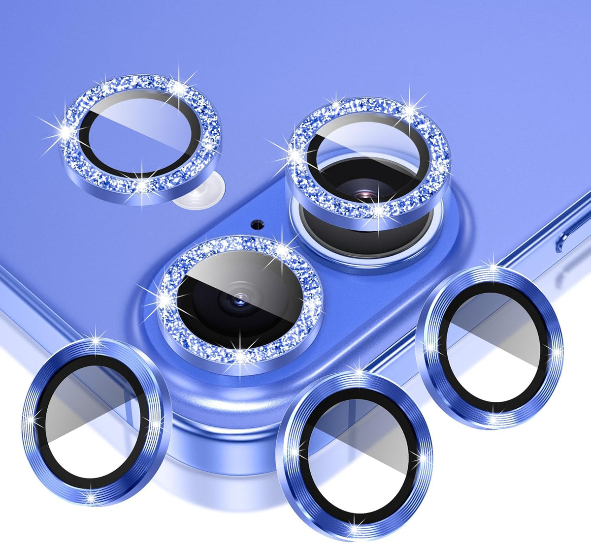 AGVEE 3+3 6 Pack for iPhone 16 6.1" / 16 Plus 6.7" Camera Lens Cover Protector, Bling Glitter & CD-Textured Metal Ring 9H Tempered HD Glass Camera Cover Protector Film, Glitter-Blue