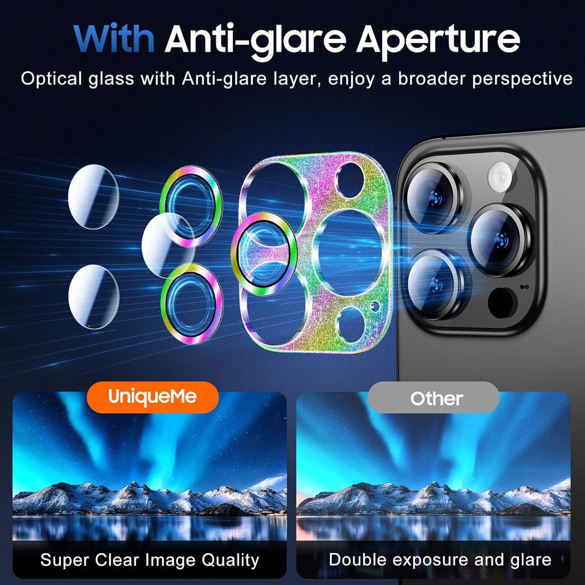 UniqueMe for 3 Pack iPhone 15 Pro/iPhone 15 Pro Max Camera Lens Protector, [Drop Protection] [Case Friendly] Camera Cover Screen [Update New Version] - Intergrated Glitter Colorful