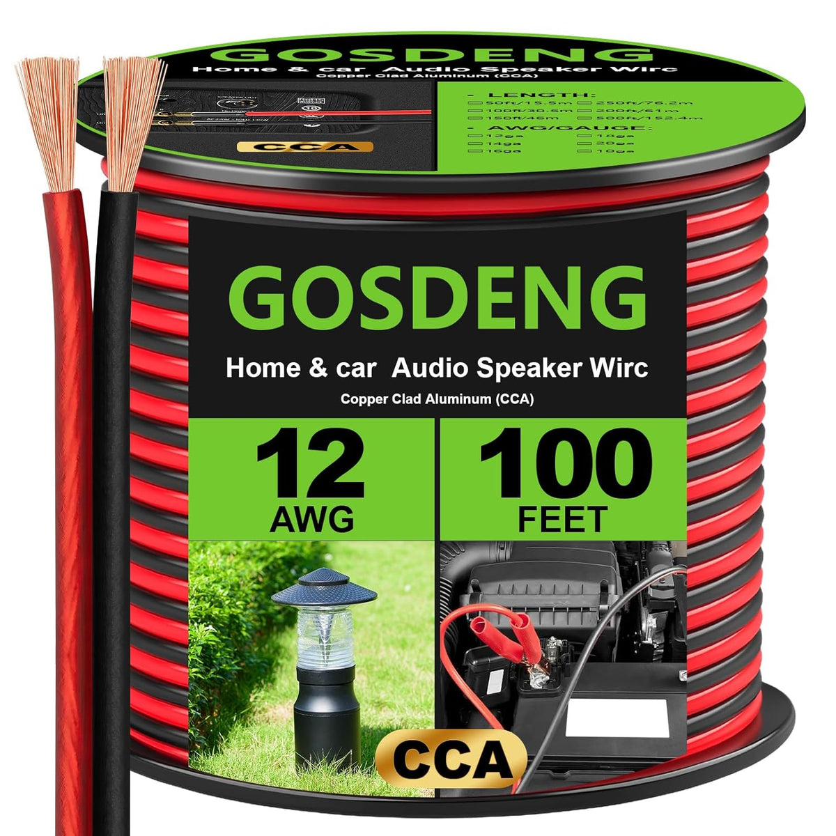 GOSDENG 12 100 12 Gauge Speaker Wire- ft Spec Soft Touch Audio Wire for Car Stereos, Home Theater, Surround Sound