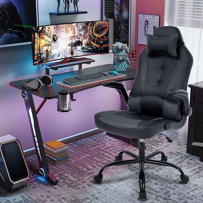 Video Gaming ChairErgonomic Computer Office Desk Chair with Comfy Lumbar Support PU Leather Recliner with Headrest Fixed Up Armrest Height Adjustable with 360° Swivel for Adults GamingBlack
