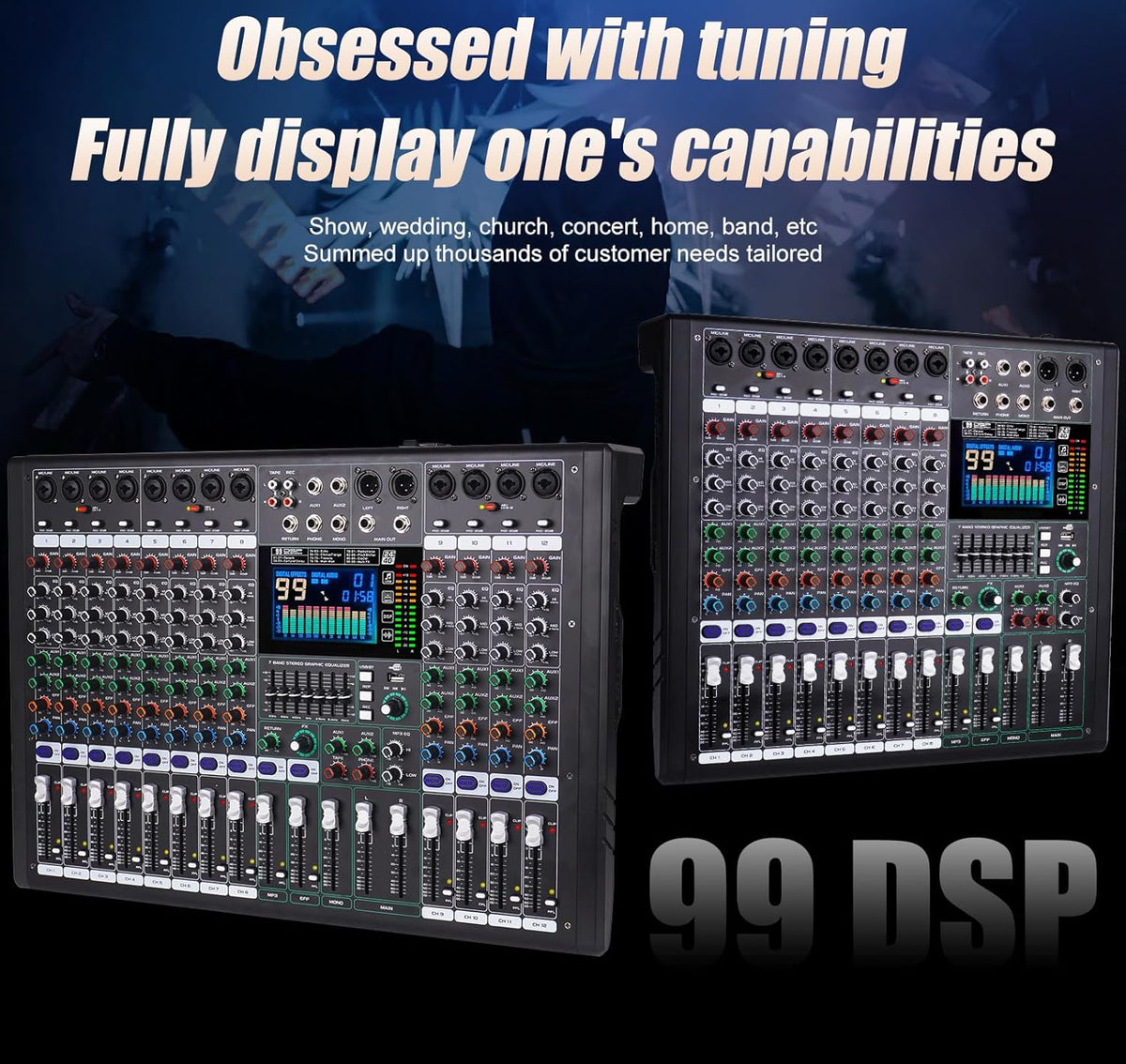 GF12 Multifunction 12 Channel Audio Mixer Stage Performance Mixer Isolated Independent Mute Built-in 7 Level Equalizer and 99 Reverb DJ Mixer for Stage Performance/Karaoke/DJ Music