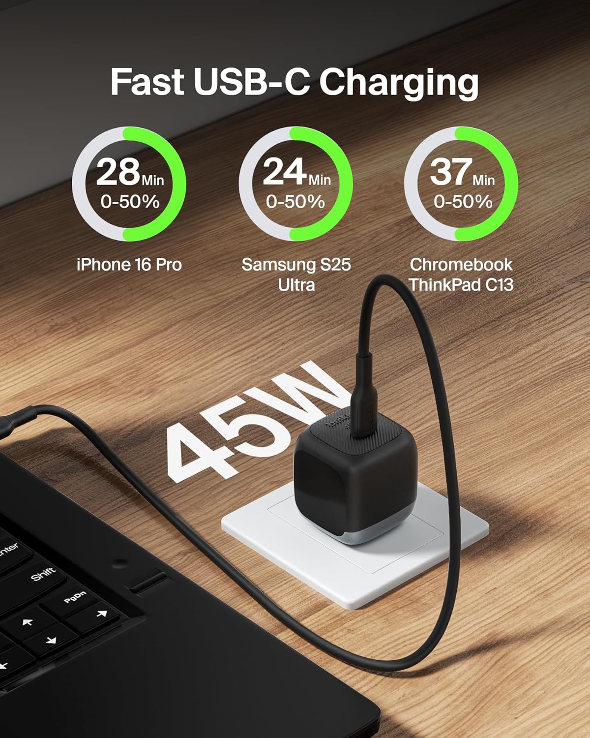 Belkin USB C Charger Block 45W - PD3.1 PPS Super Fast Charging - Samsung Galaxy S25, S24, S23, S22, Apple iPhone 16, iPhone 15/14/13 Plus, Pro, Pro Max, Google Pixel 9, Nintendo Switch, etc - Black