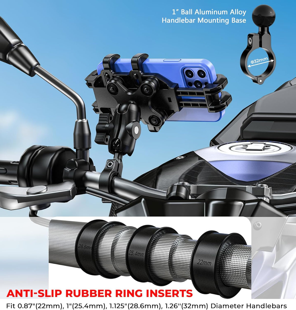Motorcycle Phone Mount with Vibration Dampener, Anti-Shake Bike Phone Holder with Aluminum Alloy Handlebar Clamp, One-Handed Operation Motorcycle Cellphone Mount Fit for 5.4"-7.2" Smartphone