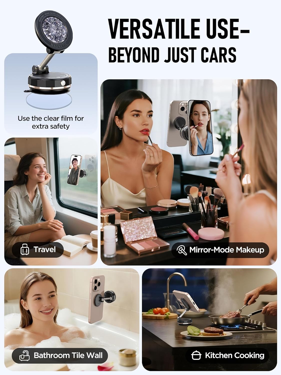 Upgraded Vacuum Magnetic Car Phone Holder for MagSafe[108+LBS Strongest Suction & 3000gf Strongest Magnetic],360° Adjustable Suction Cup Phone Mount for Car,Gym,Mirror,Men Women-Black