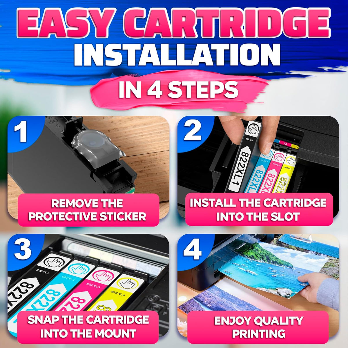 Reluen 5-Pcs 822XL Printer Ink Cartridges – High Capacity 2 Black & 3 Standard Color Combo Pack – Easy to Install and Compatible with WF-3820, WF-3823, WF-4820, WF-4830, WF-4833, WF-4834 Printers