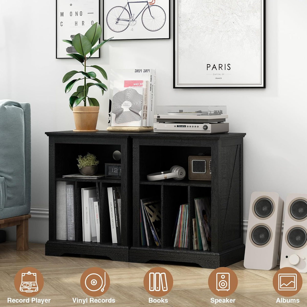 Farmhouse Record Player Stand, 3 Tier Turntable Stand with Vinyl Record Storage ,Wood Record Holder Cabinet Dispaly Shelf for Living Room,Bedroom,Office,Black