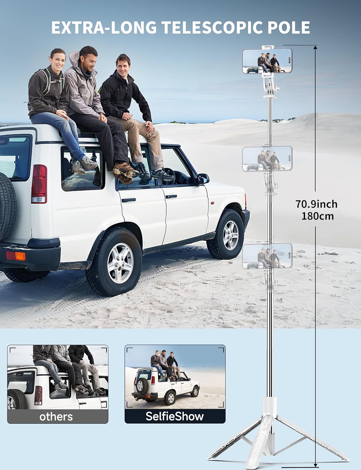 SelfieShow 71" Cell Phone Selfie Stick & Tripod, Smartphone Stand with Remote, Extendable & Travel Compatible with iPhone 15/14/13 Pro Max Gopro Android DJI (White)