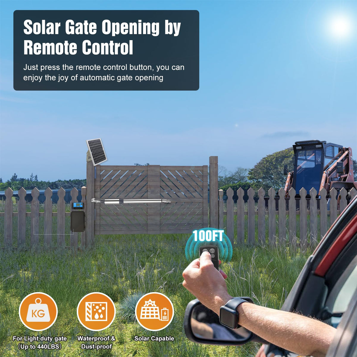 JUJIANG C01 Solar Gate Opener with Batteries & Solar Panel for Single Swing Gates Up to 440lb 12FT Automatic Gate Openers with Remote Complete Kit