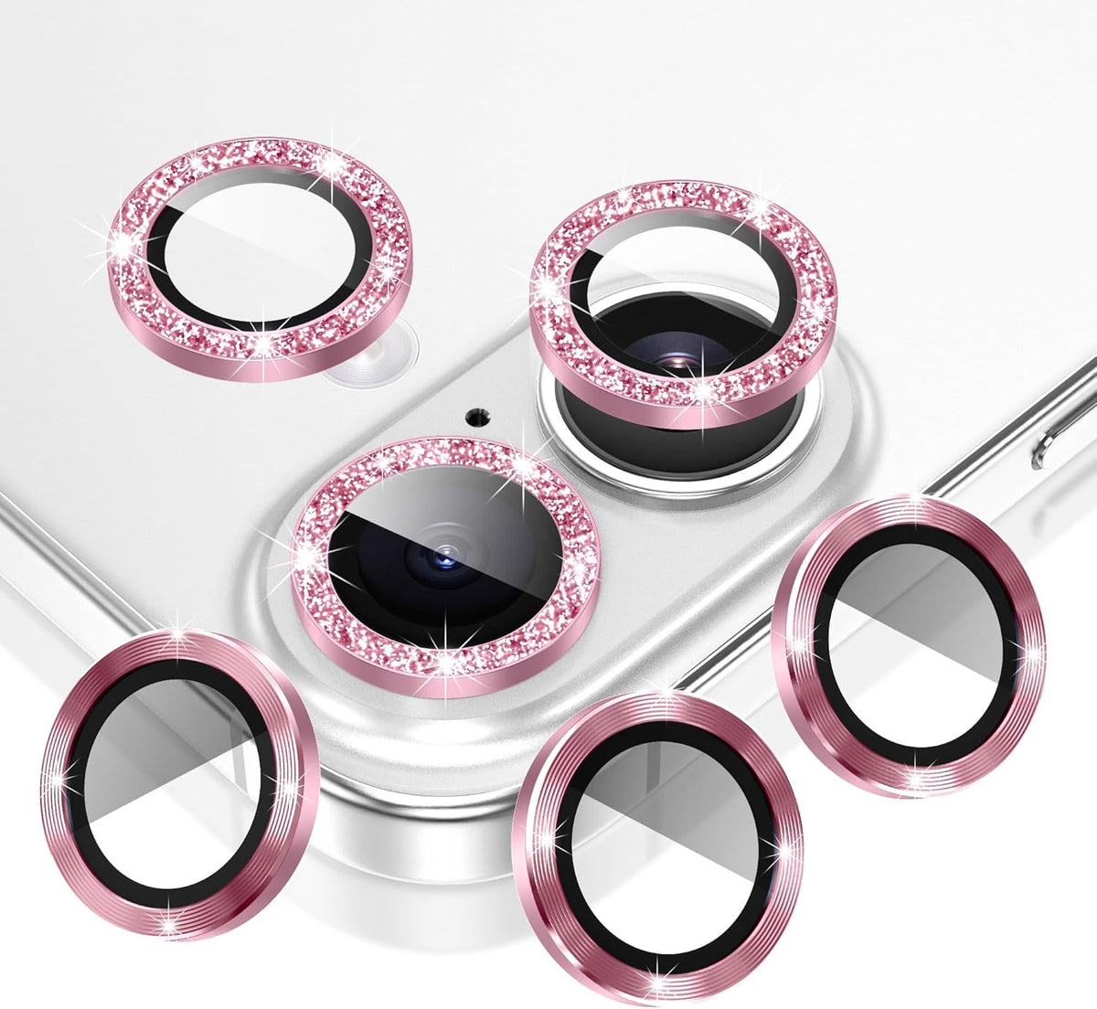 AGVEE 3+3 6 Pack for iPhone 16 6.1" / 16 Plus 6.7" Camera Lens Cover Protector, Bling Glitter & CD-Textured Metal Ring 9H Tempered HD Glass Camera Cover Protector Film, Glitter-Pink