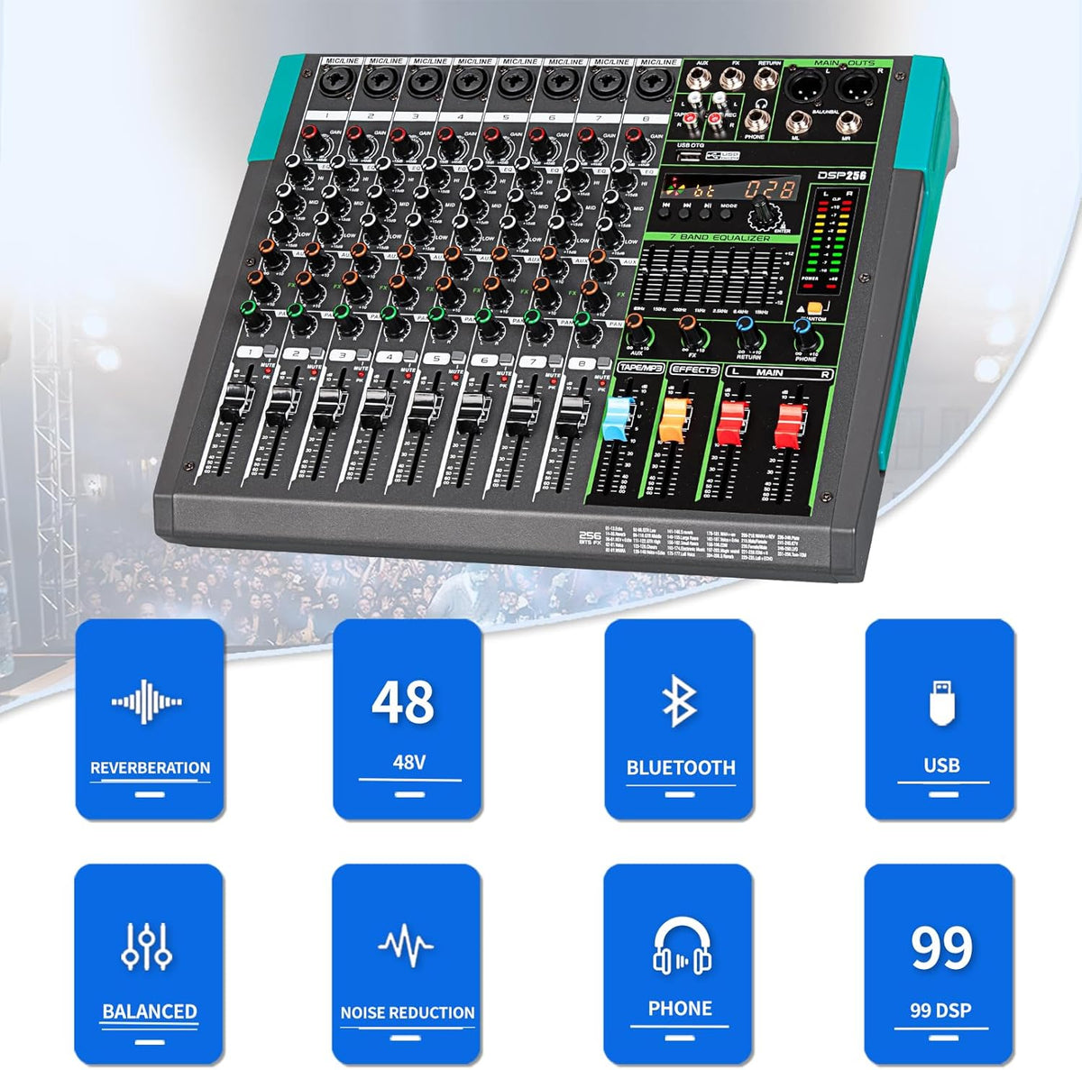 Depusheng PA8 Professional Audio Mixer Sound Board Console Desk System Interface 8 Channel Digital USB Bluetooth MP3 Computer Input 48V Phantom Power Built-in 256 Reverb Effect, Black