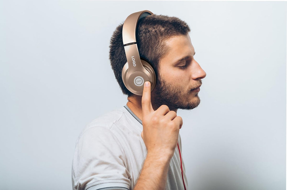 iJoy Bluetooth Headphones Over Ear, Wireless and Wired Foldable Headset Built-in Microphone, FM, Micro SD Card Slot - (Gold) Adults Kids Men Women