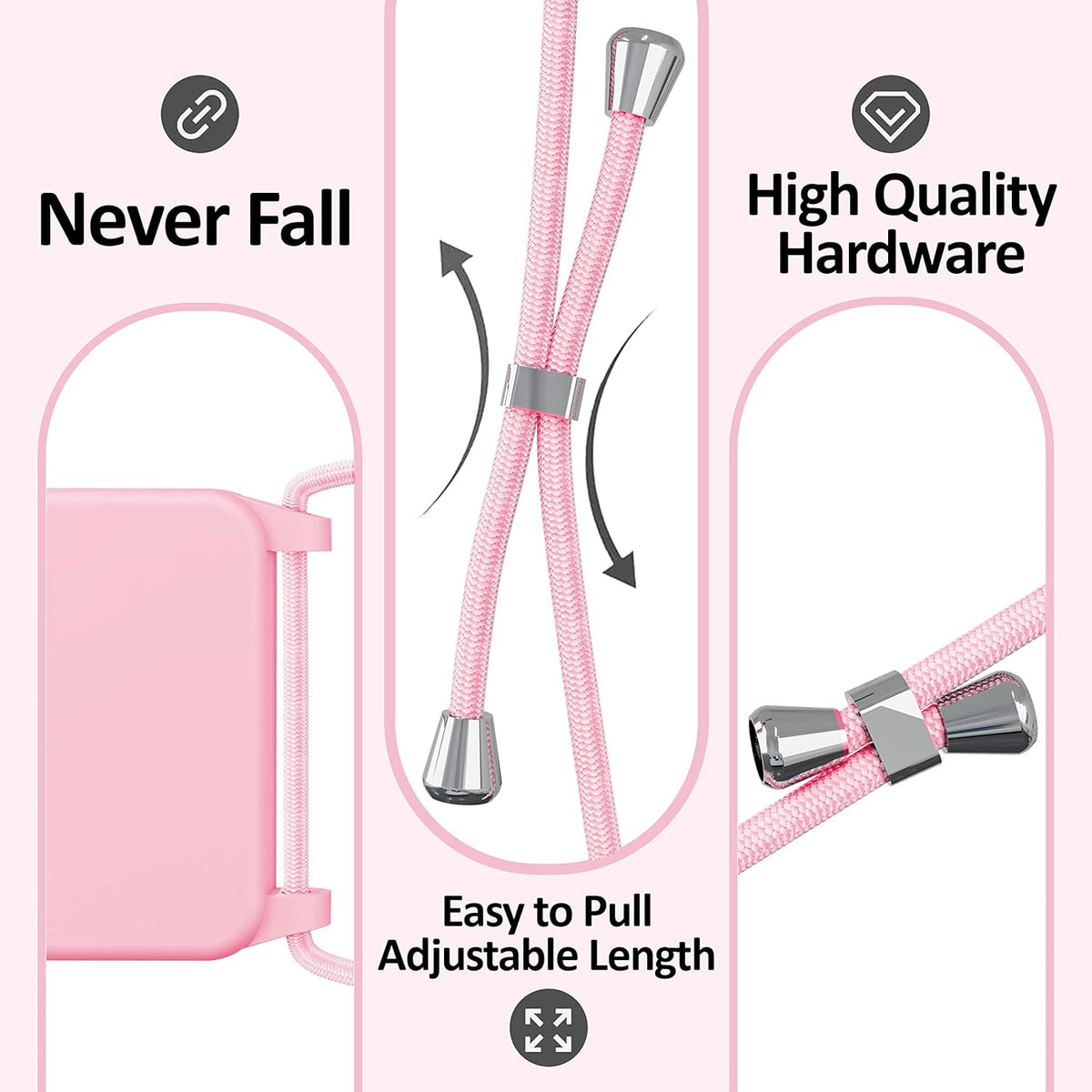Blaspins Crossbody Lanyard Strap Case for iPhone 13 Mini, Neck Cross Body, Adjustable Holder Removable, Drop Protection Shockproof, Hands-Free Silicone Case 5.4 inch, 150 cm Strap, iP13mini - Pink