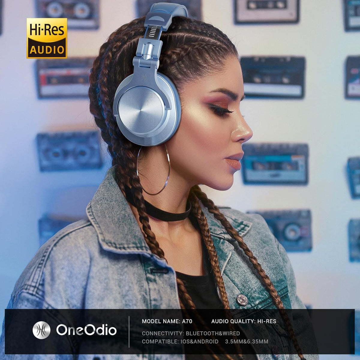 OneOdio A70 Bluetooth Over Ear Headphones, Wireless Headphones w/ 72H Playtime, Hi-Res, 3.5mm/6.35mm Wired Audio Jack for Studio Monitor & Mixing DJ Guitar AMP, Computer Laptop PC Tablet - Sky Blue