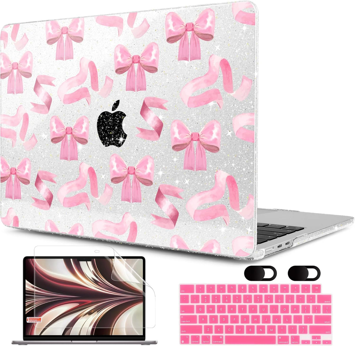 MEEgoodo Case for M4/M3/M2 MacBook Air 13.6 inch Case 2025 2024 2022, Fit Model A3240/A3113/A2681, Laptop Hard Shell with Keyboard Cover Compatible with MacBook Air 13 inch, Pink Satin Bow