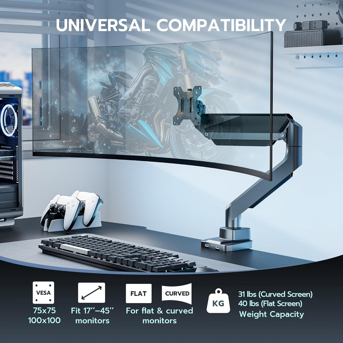 ARES WING Single Monitor Arm, Heavy Duty Adjustable Monitor Arm for 13"-45" Screens with USB, Gas Spring Desk Mount Stand with C Clamp/Grommet Mounting Base up to 40lbs Computer, Gray