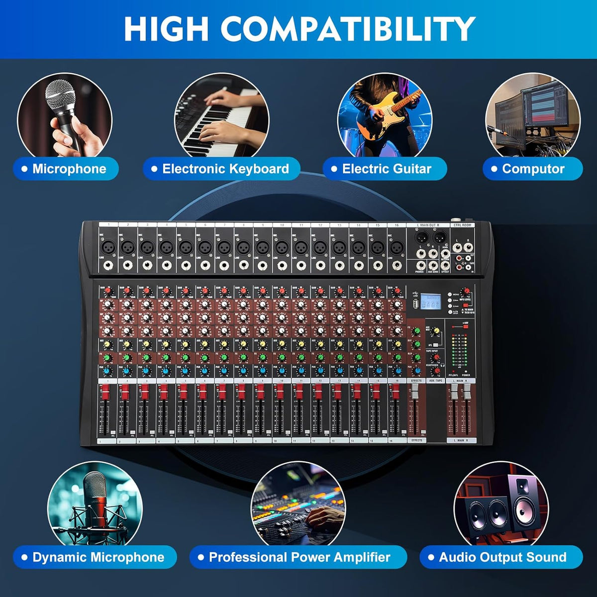 16 Channel Audio Mixer, Soundboard Mixing Console Sound Mixer DJ Sound Controller with USB & Bluetooth, Studio Audio Mixer for Professional and Beginners (16 Channel)