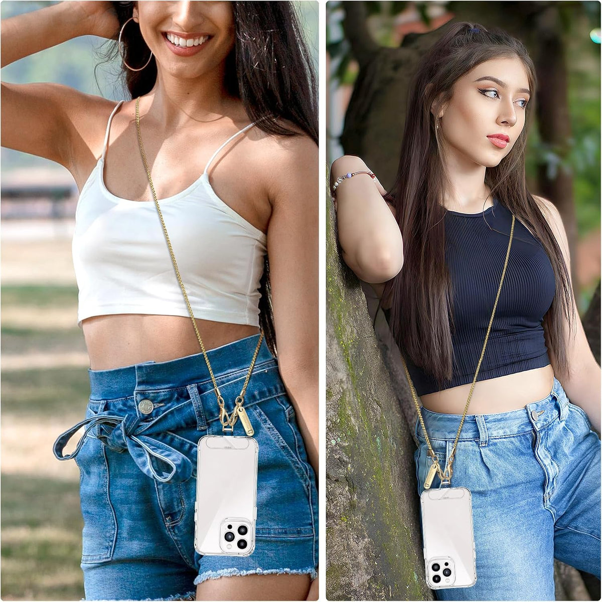 Metal Phone Chain, Crossbody Detachable Phone Lanyard with 1*Wrist Strap & 2* Tether Tabs for iPhone and Smartphones (Gold,Long)