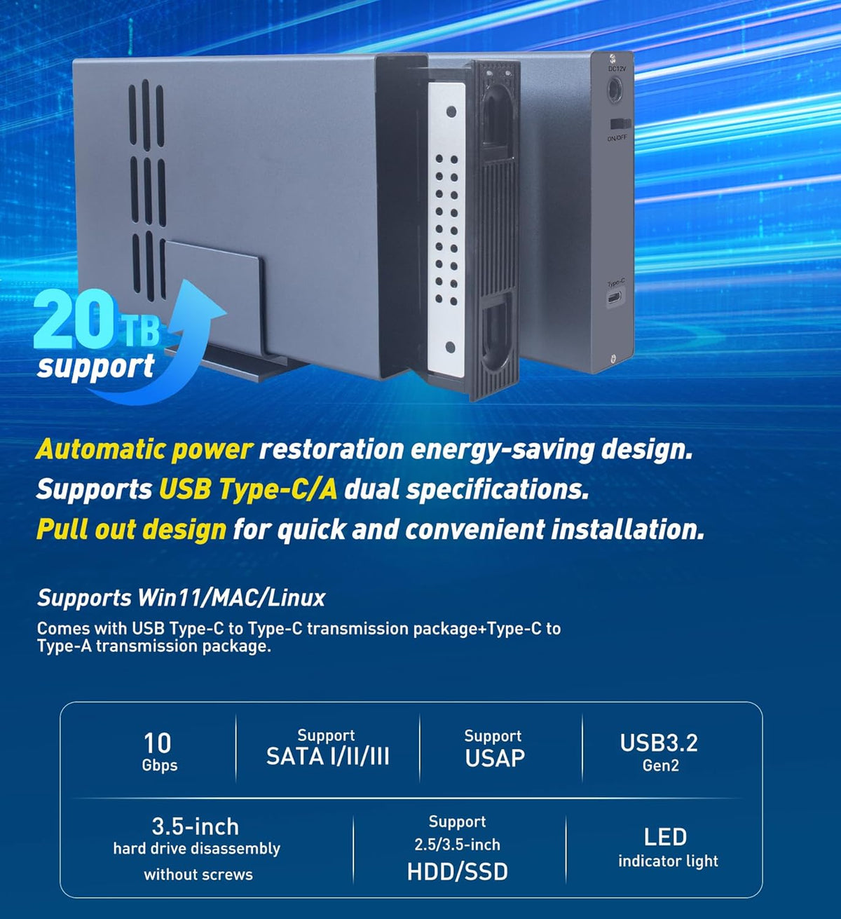 IO CREST 10Gbps Single Bay USB Type-C Enclosure for 2.5" & 3.5" SATA HDD