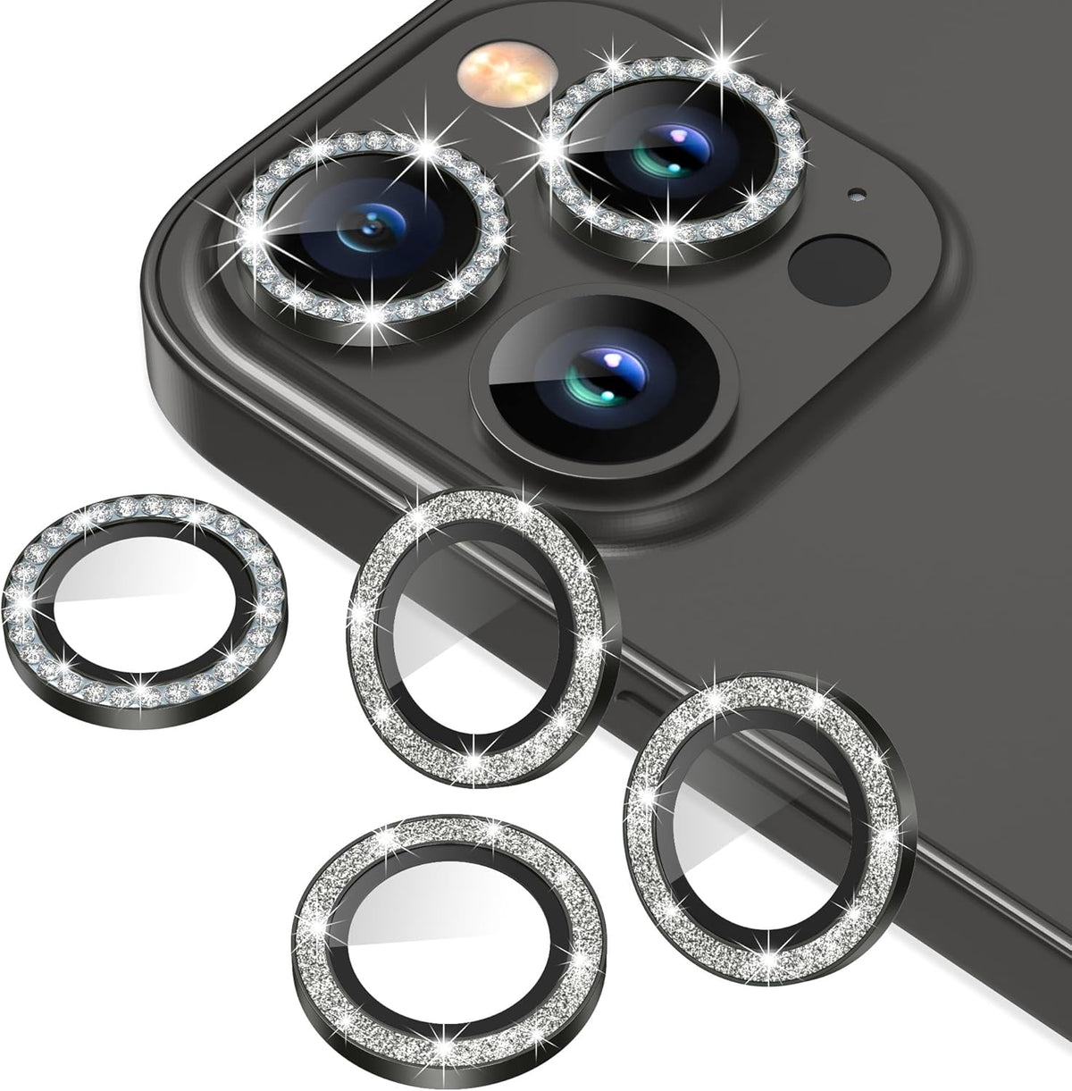 AGVEE 3+3 6 Pack for iPhone 13 Pro 6.1" / 13 Pro Max 6.7" Camera Lens Cover Protector, Bling Diamond & Bling Glitter Metal Ring 9H Tempered HD Glass Camera Cover Protector Film, Bling-Black