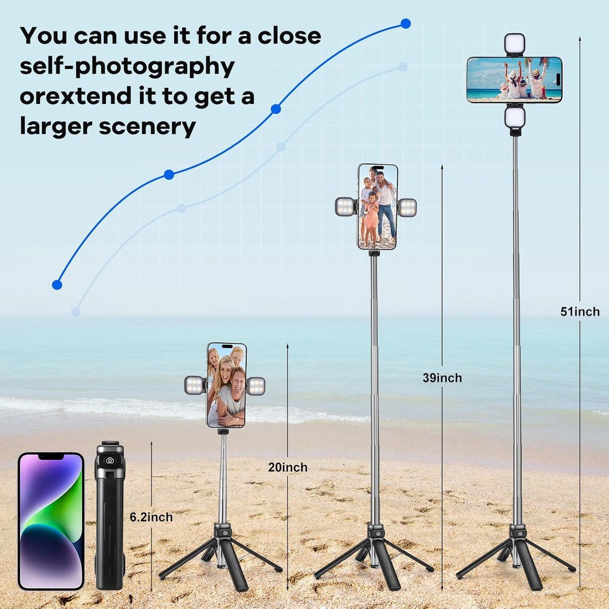 MQOUNY Mini iPhone Tripod Stand & Selfie Stick with Wireless Remote & Removable Light, Extendable Stand 360 Rotation Compatible with iPhone & Android Samsung (Black)