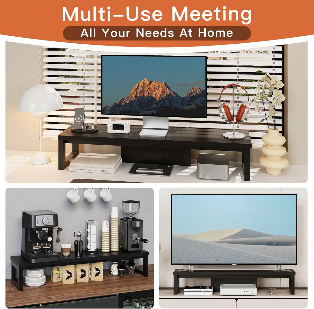 HEWORLIF Dual Monitor Stand Riser, Wood and Steel Monitor Stand for Desk, Multi-Purpose Desk Shelf Organizer