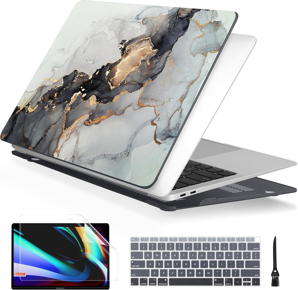Batianda Case for MacBook Air 13 inch 2020 2019 2018 Release A2337 M1 A2179 A1932, Plastic Hard Shell +Keyboard Cover+Screen Protector for MacBook Air 13 inch Touch ID & Retina,Grey & Gold Ink