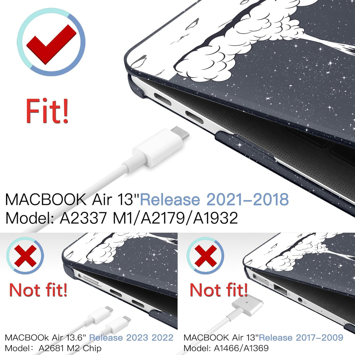 MEEgoodo MacBook Air Case 13.3 Inch - Hard Shell with Keyboard Cover & Touch ID - Astronaut Rocket Glitter