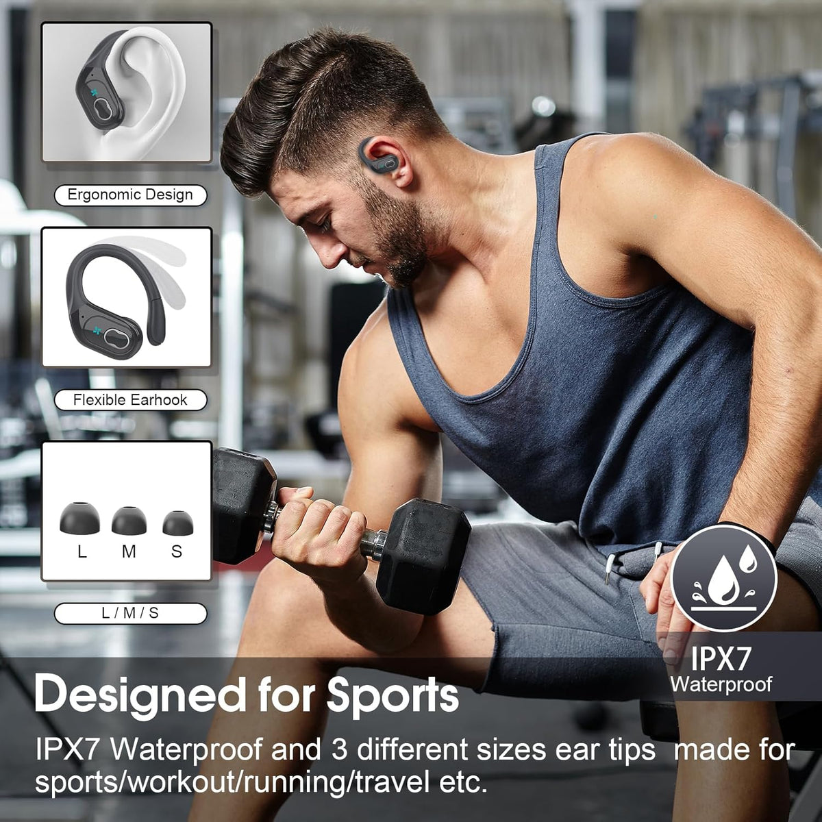 Wireless Earbuds 75hrs Bluetooth 5.4 Headphone Sport, 2025 Bluetooth Earbuds Stereo Deep Bass Over Ear Bud with Earhooks, ENC Noise Cancelling Mic, IPX7 Waterproof Earphone, Iron Gray