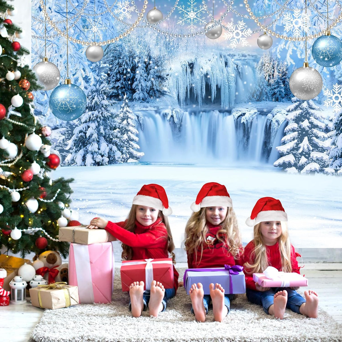 DUAIAI Frozen Winter Christmas Backdrop, Birthday Party Decorations Crystal Pendant Ice and Snow White World Wonderland