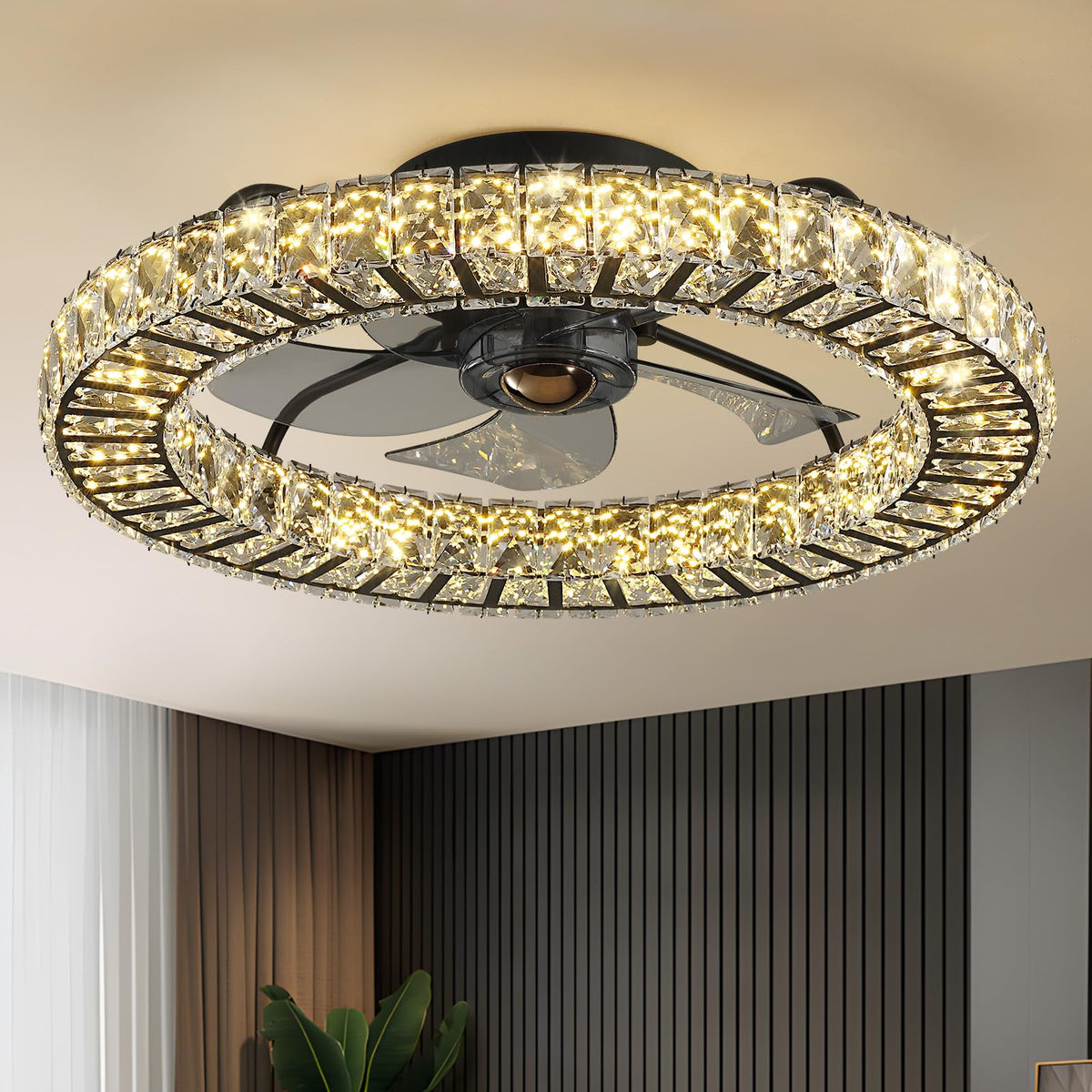 LUDOMIDE Flush Mount Ceiling Fan with Light, 22 Modern Crystal Chandelier Ceiling Fan with Smart 4-Light Color Change, Dimmable