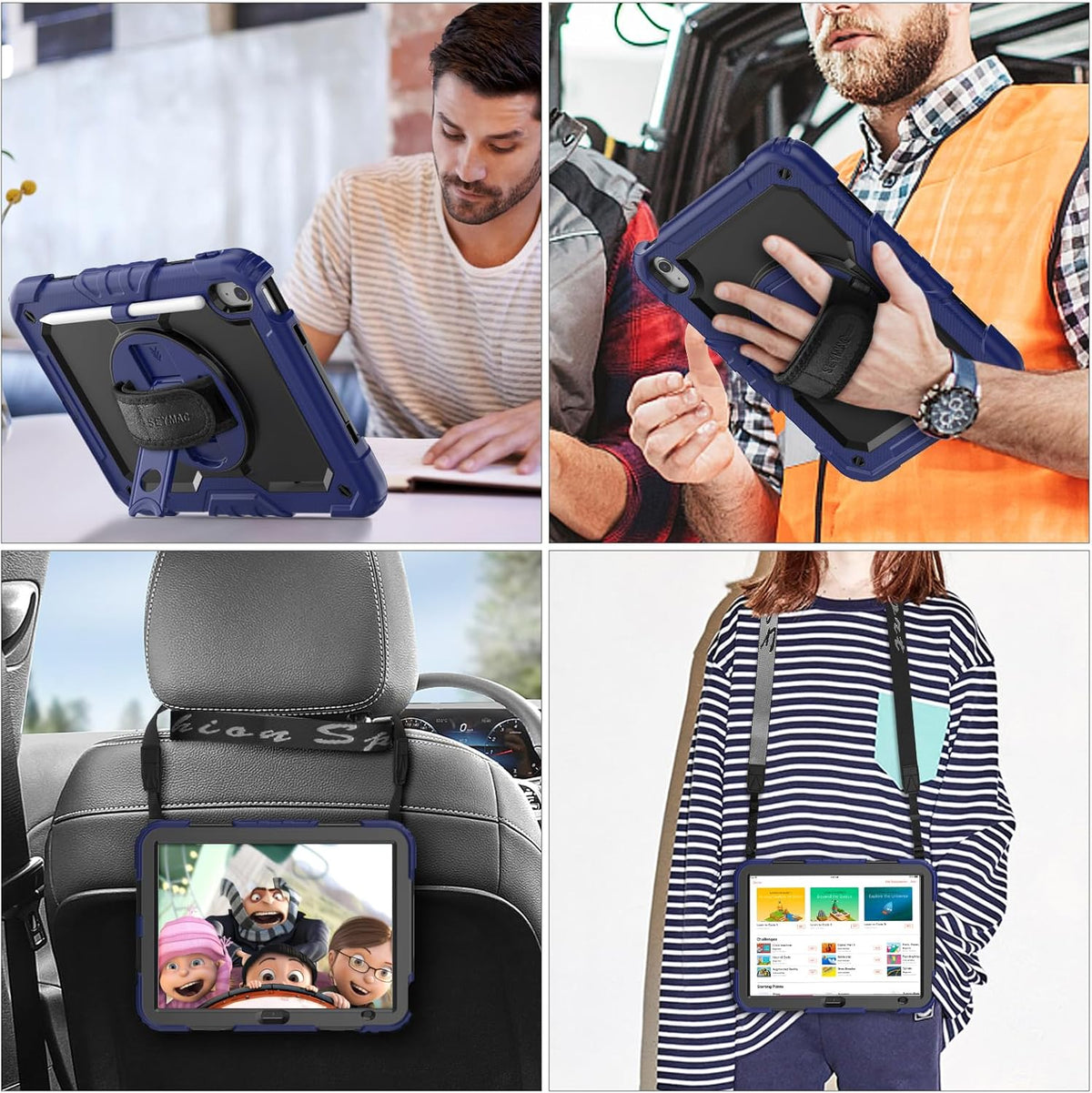SEYMAC stock Case for iPad (A16) 11th/10th Generation 11''/10.9'' 2025/2022, Full-Body Drop Protection Case with Screen Protector &360° Rotate Hand Strap/Stand, Navy Blue