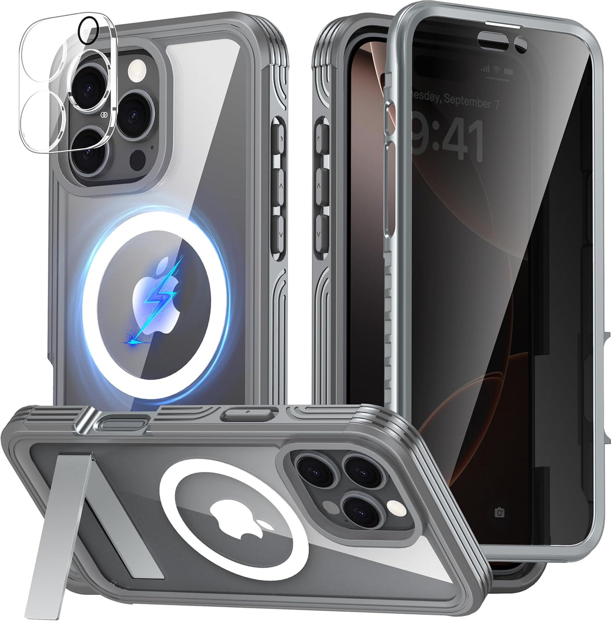 360° Protection Magnetic for iPhone 16 Pro Case Built-in 9H Privacy Screen Protector & Metal Stand[Fit for Magsafe][Anti-Spy][Lens Protector] Heavy Duty Shockproof Phone Case for iPhone 16 Pro