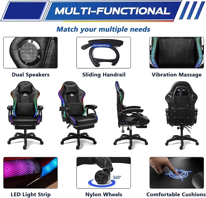 Massage Gaming Chair with Speakers Video Game Chair with RGB LED Lights Ergonomic Racing Office Chair PU Leather Recliner Computer Chair Swivel Chair with Headrest Armrest Lumbar SupportPink
