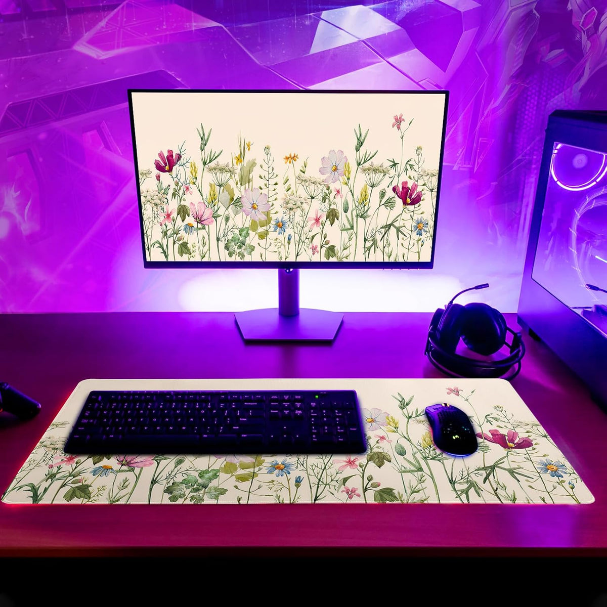 Flower Gaming Mouse Pad Large Mouse Pad for Keyboard and Mousepad Desk Mat with 3mm Non-Slip Base and Stitched Edge for Gaming and Office Computer Mat Protector Mat 31.5x11.8 Inch