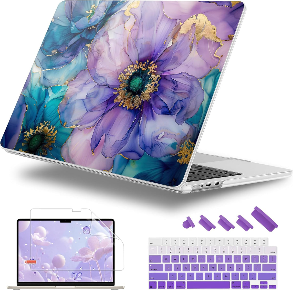 Case for MacBook Air 15 Inch 2025 2024 2023 Release M4 A3241 M3 A3114 M2 A2941, Hard Shell with Screen Protector & Keyboard Cover, Compatible with Touch ID, Fluid Art Flowers