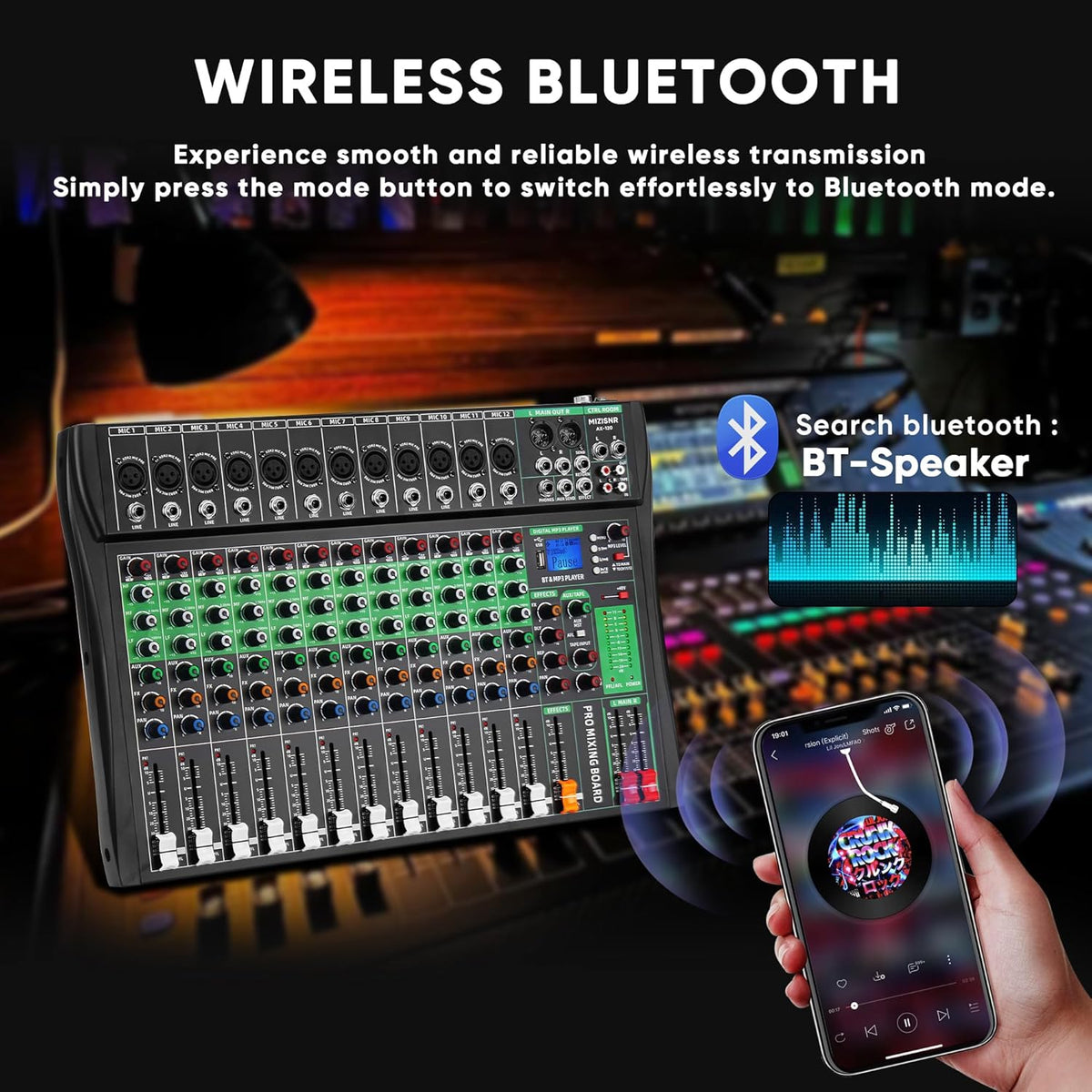 12 Channel Audio Mixer, Professional DJ Mixer Board Sound Music Mixing Console Digital Mixer with Reverb, Bluetooth, USB Port, 48V Phantom Power for Recording Karaoke Podcasting