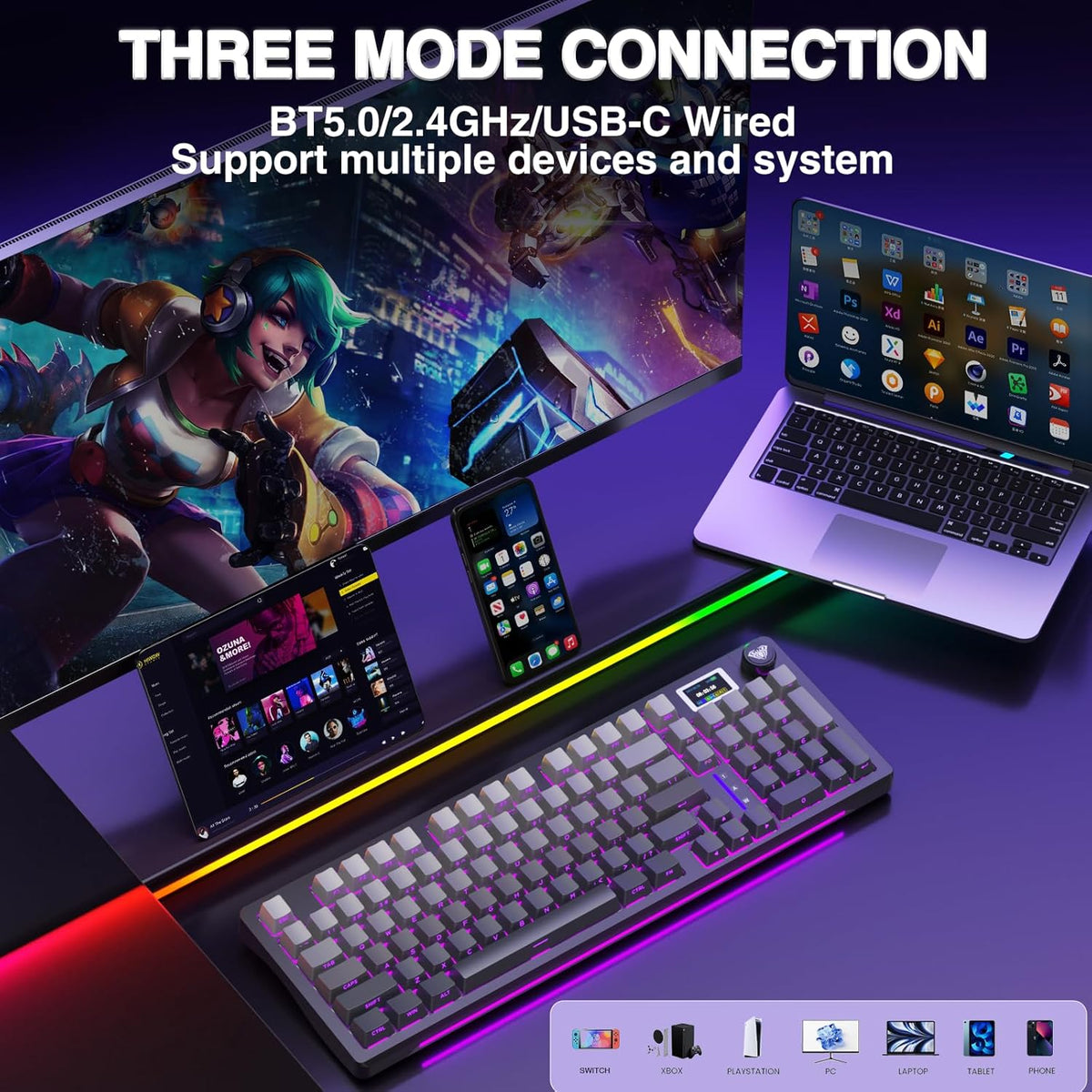 AULA S98 Pro Wireless Mechanical Keyboard with Screen & Knob,2.4GHz/USB-C/BT5.0 Hot Swappable Creamy Keyboard,Pre-lubed Linear Switches,Side Printed PBT Keycaps,RGB Backlit Gaming Keyboards