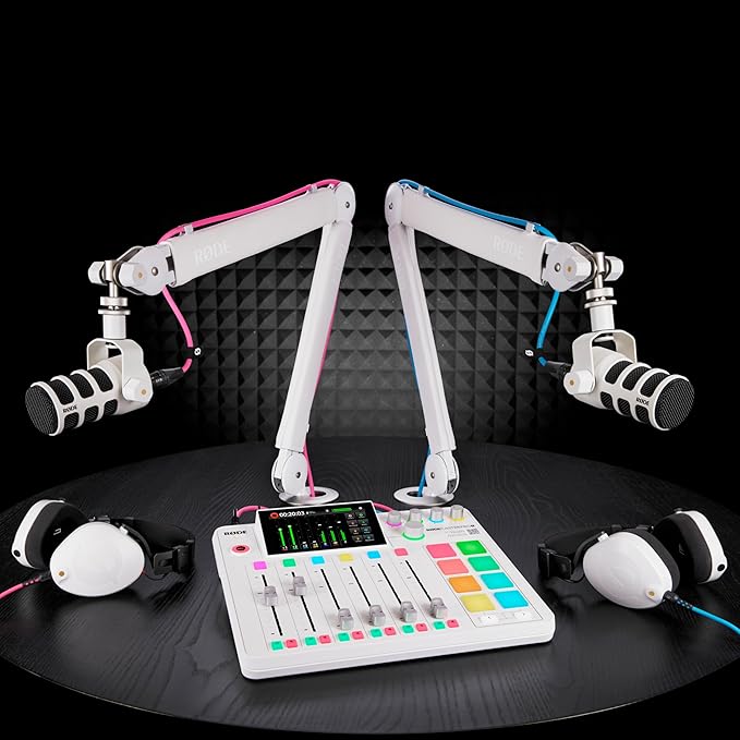Rode PodMic Cardioid Dynamic Broadcast Microphone (White) with StreamEye Lowpro Mic Boom Arm and Professional Grade XLR Cable