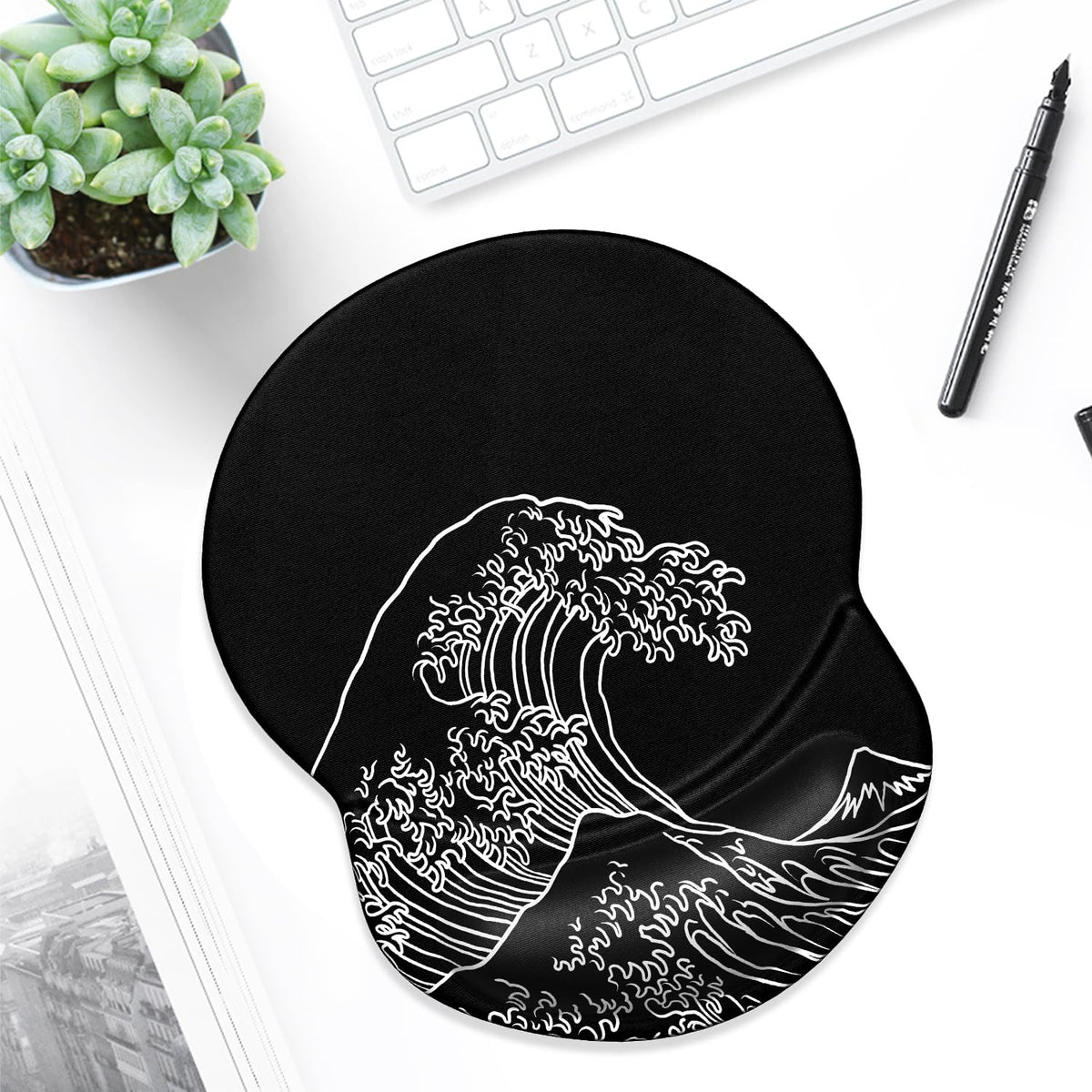 ITNRSIIET Ergonomic Mouse Pad with Gel Wrist Support Small Wrist Rest Smooth Surface Non-Slip PU Base Comfortable Office Supplies Pain Relief, 8.7 x 7.2 inches, Rolling Wave