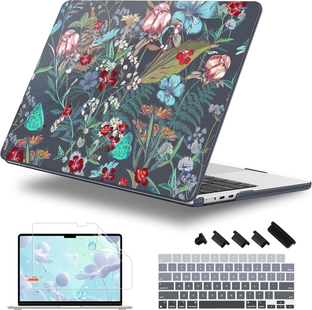 Case for MacBook Air 15 Inch 2025 2024 2023 Release M4 A3241 M3 A3114 M2 A2941, Hard Shell with Screen Protector & Keyboard Cover, Compatible with Touch ID, Flowers & Herbs