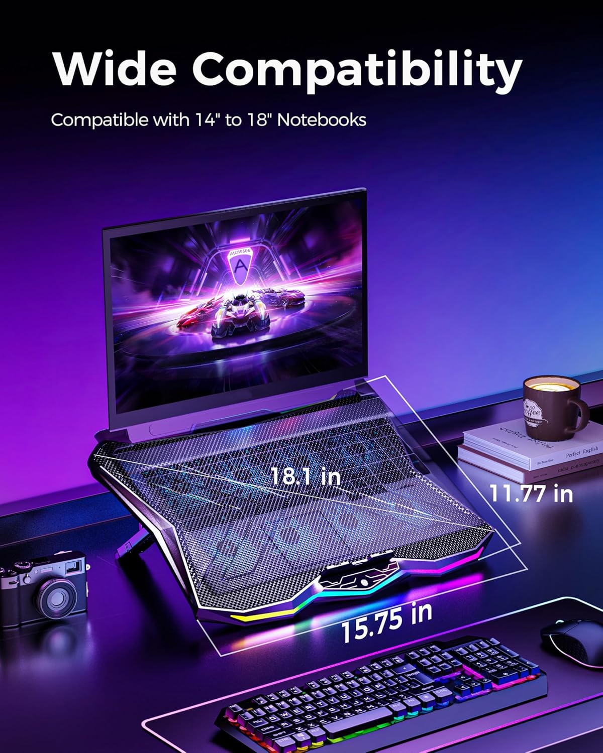 AICHESON Gaming Laptop Cooling Pad with 8 Fans, RGB Computer Stand for 15.6-17.3 Inch Notebook with 7 Height Slots, 2 USB Ports, AA3