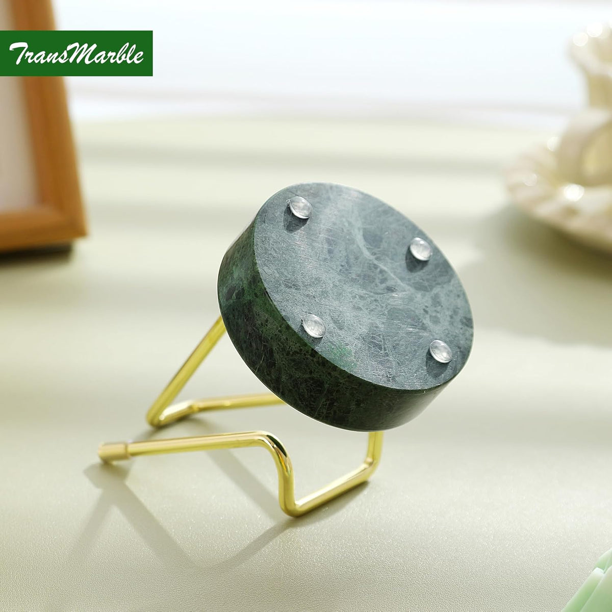 Marble Phone Stand with Metal Holder, Charging Available While Using, Swipe Up to Unlock, Made of Natural Marble as Business Card Holder for Office Desk (Emerald Green + Gold)