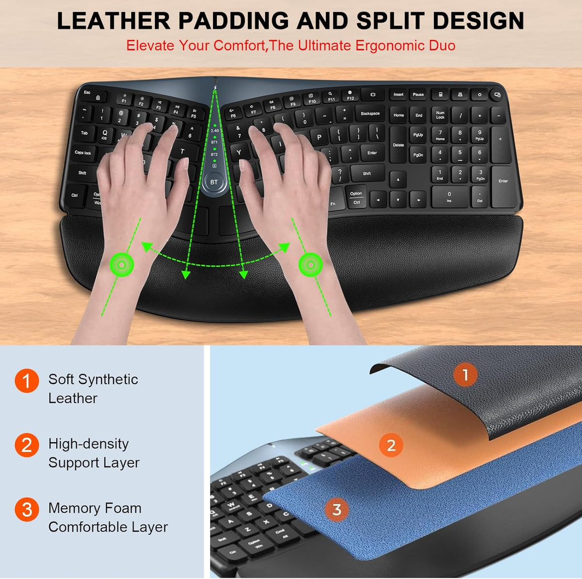 Ergonomic Wireless Keyboard Mouse Combo, MK835 Wave Keys Bluetooth/2.4G Split Design Ergo Keyboard with Cushioned Palm Rest, Multi-Device, Rechargeable, for Multi-OS, Windows/Mac/Android