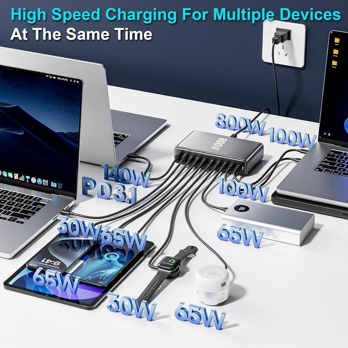 800W USB C Fast Charger Block, 10 Port USB Charging Station, GaN Ⅲ Pro Double 140W PD PPS Port Fast Charging Station,Laptop Wall Charger Compatible with HP,DELL,MacBook Pro,iPhone 16,Galaxy S24