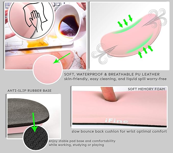 iFine Upgrade Cleanable PU Leather Keyboard Wrist Rest Pad &amp Mouse Wrist Cushion Support for School Office Home Computer Laptop Mac Waterproof Lightweight Comfortable Pain Relief Typing -Pin