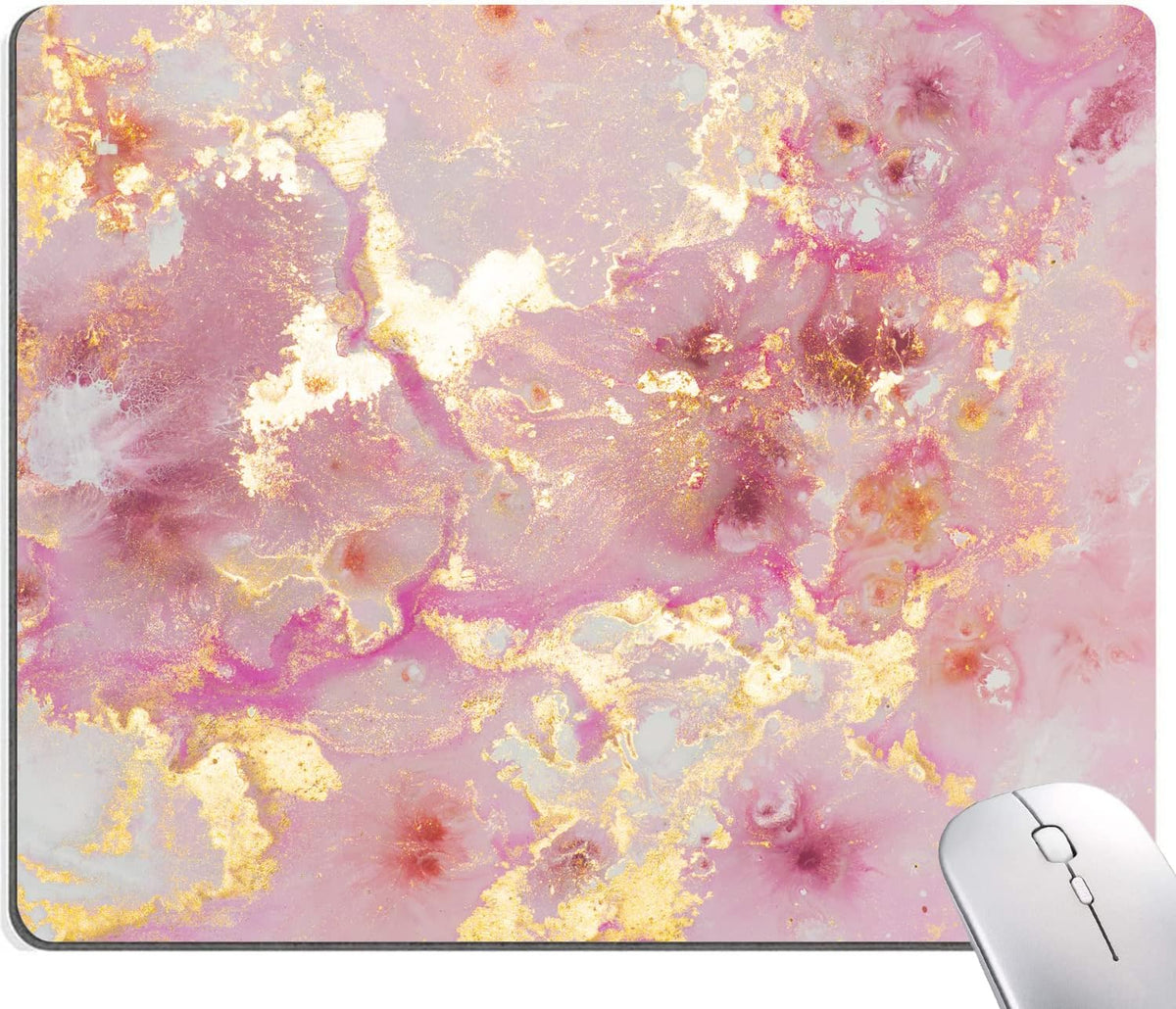 Mouse Pad, Cute Pink Gold Marble Mouse Pads with Design, Square Washable Cloth Personalized Mouse Mat, Gaming Office Home Non-Slip Rubber Base Computer Mousepad