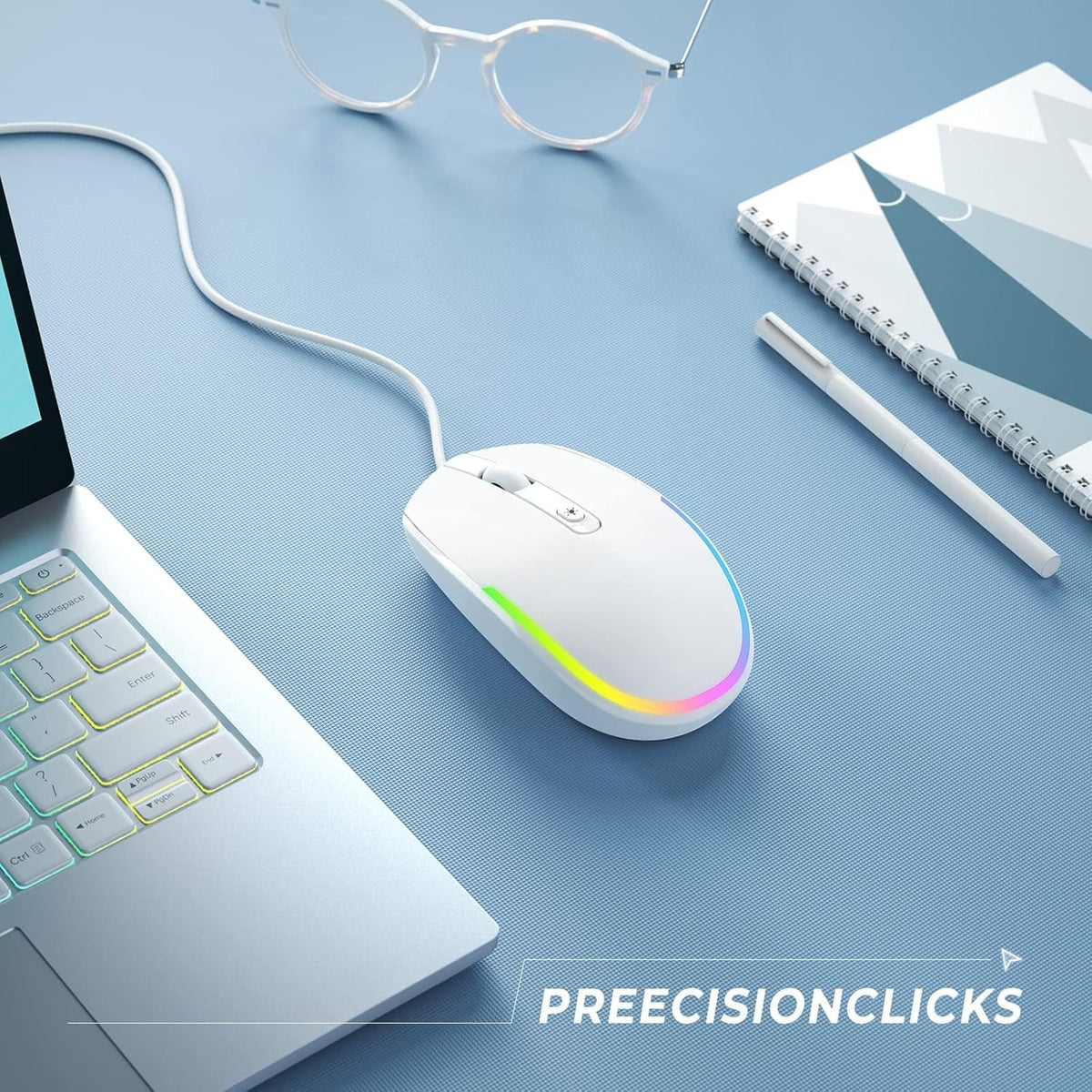Seenda Wired RGB Backlit Optical LED Mouse - USB Cord for Laptops, Notebooks, Chromebook (White)