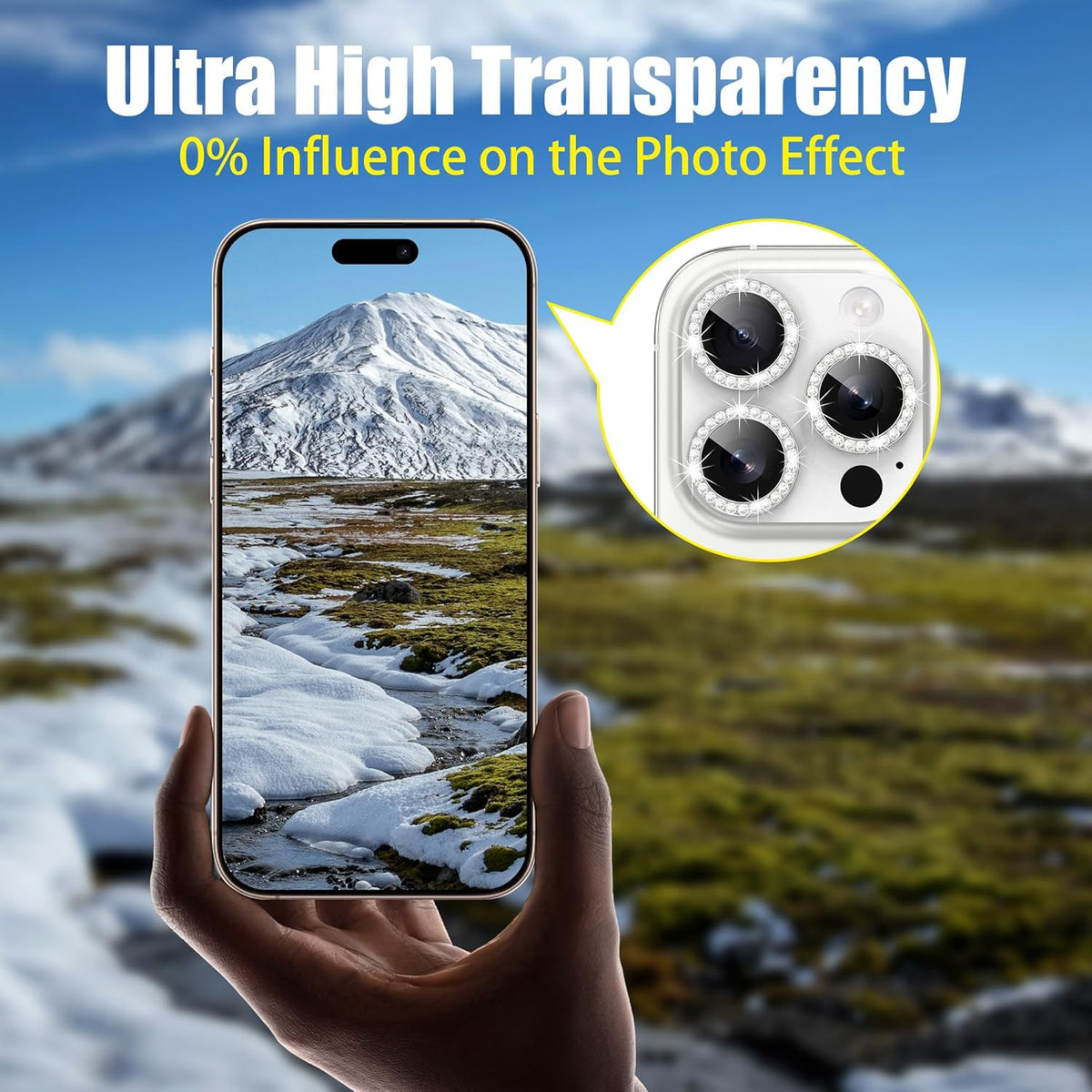 AGVEE 3+3 6 Pack for iPhone 16 Pro 6.3" / 16 Pro Max 6.9" Camera Lens Cover Protector, Bling Diamond & Bling Glitter Metal Ring 9H Tempered HD Glass Camera Cover Protector Film, Bling-Silver