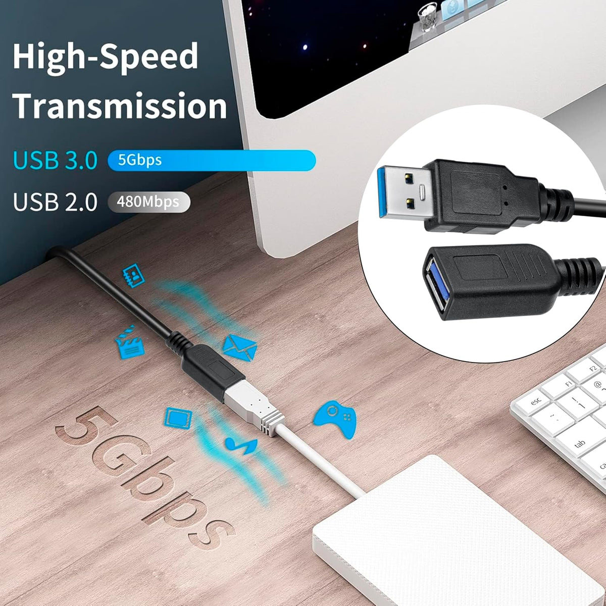 6 Pack 1 3.0 3.0 SaiTech IT Short Length Feet USB Extension Cable, USB A Male to Female Extender - Black